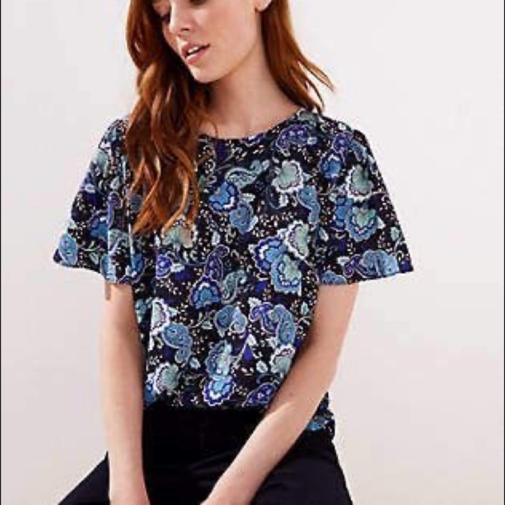LOFT | Paisley Mixed Media Tie Back Flutter Tee - Medium - Blue
